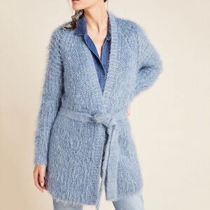Anthropologie belted oversized blue ice metallic Soft Blue Fuzzy Cardigan